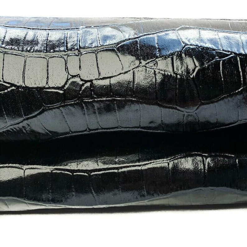 Shiny Black Crocodile // Genuine Black Leather Mixed With Green Hue // Crocodile Print Hides // Pirate Black Crocodile 918 0.8mm / 2 oz image 3