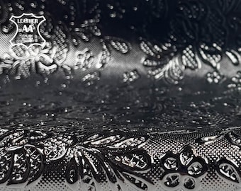 BLACK Patent Leather hides / Shiny Genuine Sheepskin Pieces / Floral Print / Black patent fabric / BLACK FLOWERS 862, 0.6 mm/ 1.5oz