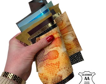 Italian Real Leather Scraps 100g (~3.53oz) Mix Snake Print, Suede & Metallic Leather 0.7–1.2 mm (1.75-3oz) Crafting Remnant