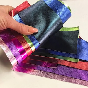 Ljusa METALLISKA restbitar Färgglada läderbitar BLANDA Äkta läderrester Röda/Grönt/Blått/Blågrönt/Lila/Orange metalliskt läder DIY-paket