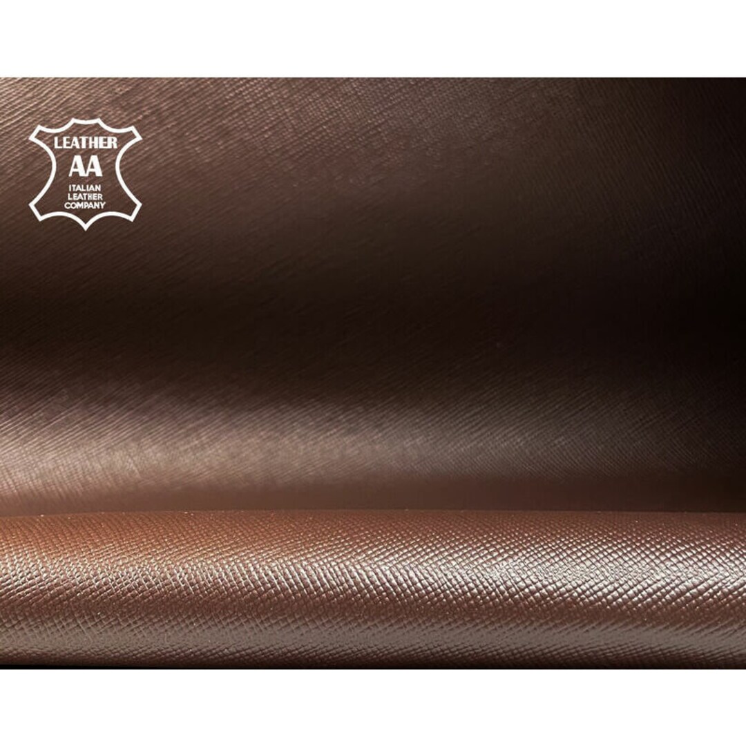 Dark Brown Leather Fabric // Saffiano // Real Animal Leather // Beige