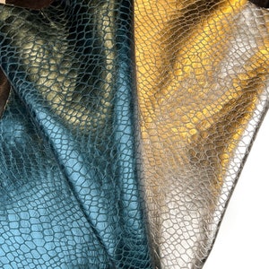 Light Gold And Teal Blue Metallic 4 5 sqft // 0.36 0.5 m2 Reptile Print Leather Thick Lambskin 1mm/2.5oz TEAL & GOLD REPTILE 1505 image 8