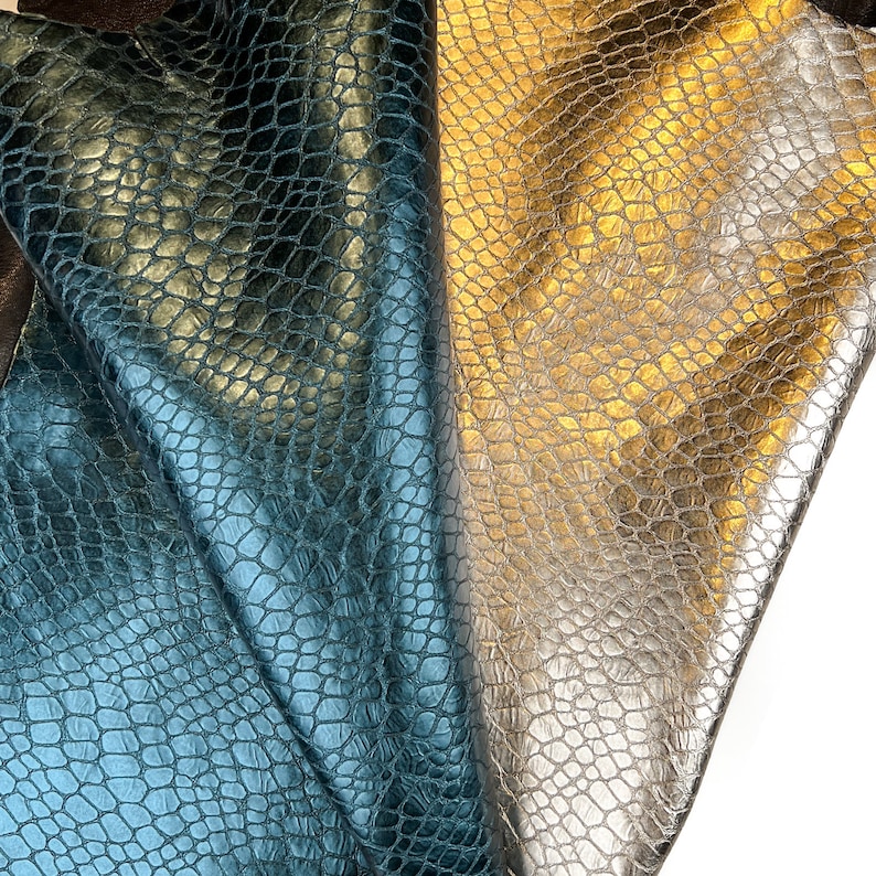 Light Gold And Teal Blue Metallic 4 5 sqft // 0.36 0.5 m2 Reptile Print Leather Thick Lambskin 1mm/2.5oz TEAL & GOLD REPTILE 1505 image 8