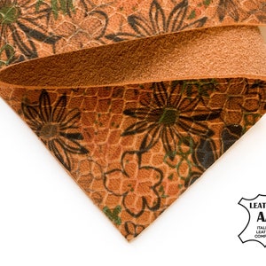ORANGE Leather Flower Print Leather Sheet 6x6 / 8x10 / 12x12 / 12x18 / 18x24 Genuine Snake Texture 4oz/1.6mm Ginger Floral ORANGE FLOWER 875