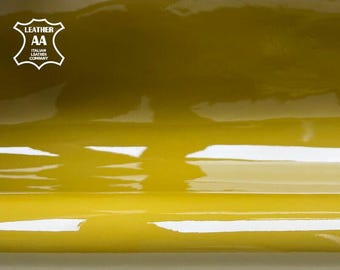 Mustard Color Patent Leather Hides // Real Animal Lacquer Leather // Polished Lambskin Fabric // Amber Patent, 1102, 0.9mm/2.25oz