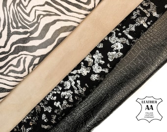 BEIGE & BLACK Animal Print Metallic Suede Embossed Leather Bundle Mix of 4 Skins / Premium Italian Leather / FREE Express Delivery Included