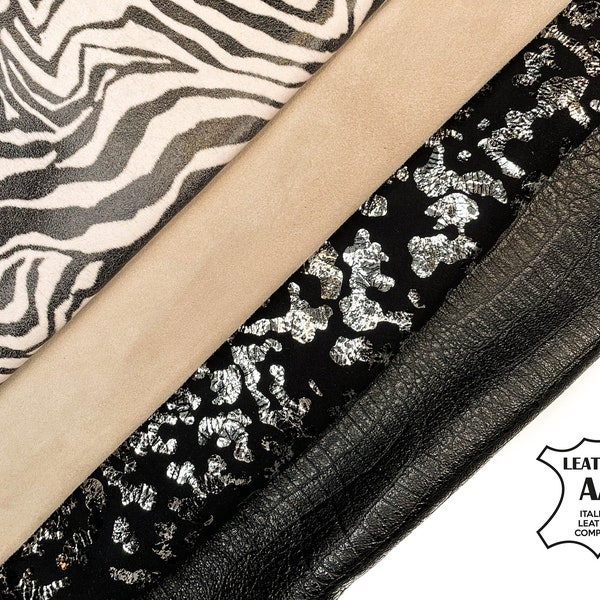 BEIGE & BLACK Animal Print Metallic Suede Embossed Leather Bundle Mix of 4 Skins / Premium Italian Leather / FREE Express Delivery Included