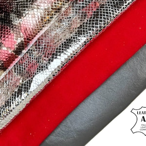 Rode slang grijs lamsleer rood suède zilveren bundel van 4 premium Italiaanse skins / GRATIS express levering inbegrepen / 2 - 7,3 sqft / 1 oz - 3 oz