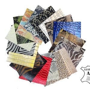 Safari Set Mix // Äkta djurmönstrade läderbitar 12,5 x 12,5 cm eller 15,5 x 15,5 cm färdigskurna bitar // Färgglada örhängestillbehör