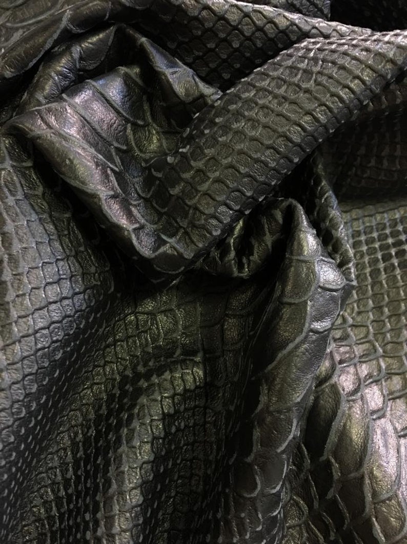 SNAKE print black Leather fabric genuine black textured | Etsy
