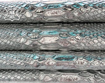 Piel de serpiente plateada clara, piel de oveja genuina con estampado de serpiente, piezas de piel de oveja metálica auténtica para coser, 897 g, 2.25 oz