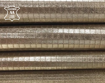 Light Gold metallic leather Square print Sheep sheets GOLD SQUARES 791 , 2.5 oz Genuine lambskin leather Textured gold pieces for sewing