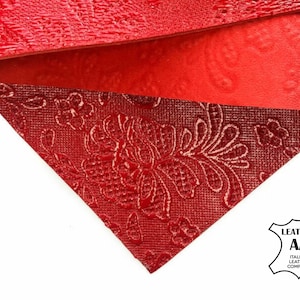 Red Patent Sheet  / Genuine Embossed Leather Scraps with Flower Print 6x6 / 8x10 / 12x12 / 12x18 / 18x24 Bright Red 937 Patent 1.0mm/2.5oz