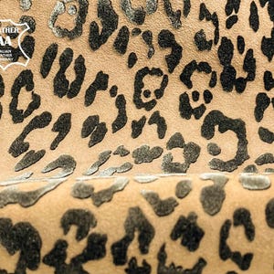 Pelle scamosciata di pecora beige nera con stampa leopardata morbida in velluto / Vera pelle italiana con stampa animalier / 0,8-1,2 mm, 2-3 oz / 5 piedi quadrati, 0,46-0,5 m2