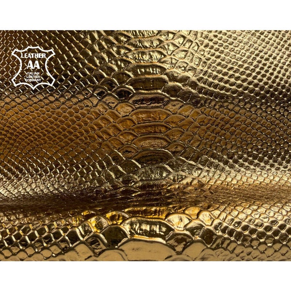 Dark Gold Real Leather Hides // Shiny Italian Lambskin // Bronze Snake Print // Textured Metallic Leather Sewing Pieces 1123, 0.1mm/2.5oz