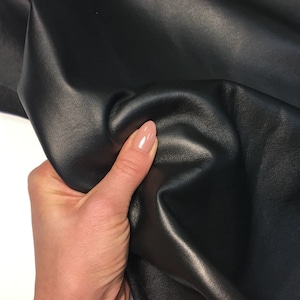 Thick SHINY Black STRETCH Leather for Leggings Elastic / Real Sheep Leather 1.75oz Black Genuine Leather Fabric on Cotton for Pencil Skirt