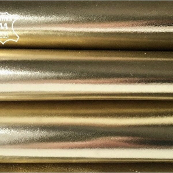 Gold Mirror Metallic Lambskin 5 - 6 sqft / 0.48 - 0.6 m2 Shiny Thick Patent Like Hides / Jewelry Supplies LIGHT GOLD151 / 0.8mm/2oz