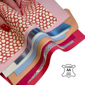 May include: A collection of colorful leather swatches in various textures and shades, including pink, blue, and red. One swatch features a red and white spotted pattern. The image includes the "Leather AA Italian Leather Company" logo.