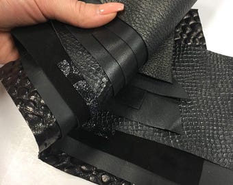 BLACK Leather Scraps MIX Soft Thin Sheep Hide Pieces Black Suede Snake print DIY Genuine sheep skin sheets Pre cut pieces Leather off cuts