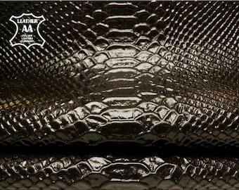 Dark Brown Leather With Snake Print // Genuine Leather Hides // Shiny Embossed Lambskin Material // Textured  Sewing Pieces,1038