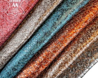 Mermaid Print Lambskin Pieces / Red,Gray,Blue,Orange,Bronze,Black Italian Leather Fabric 0.8-1.1mm/2-2.75oz / COLORFUL MERMAID SPOTS 1335