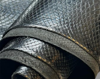 Prawdziwe, lśniące, czarne skóry pytona Prawdziwa skóra węża Faktura prawdziwej łuski 0,8 mm/ 2 uncje Czarny, lśniący pyton