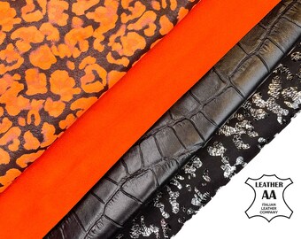 Premium Embossed Black & Neon Orange Printed Leather Bundle of 4 full hides // Italian Leather Supplier // FREE Express Delivery Included