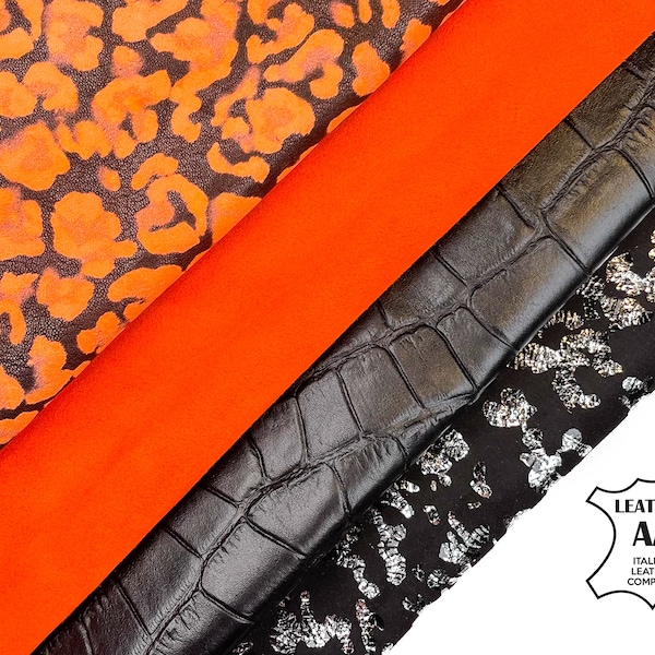 Premium Embossed Black & Neon Orange Printed Leather Bundle of 4 full hides // Italian Leather Supplier // FREE Express Delivery Included