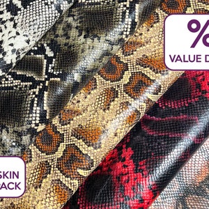 Realistic SNAKE Print Real Lambskin Leather with Embossed Scales / Value Deal for BUNDLE of 7 Full Skins / 30% DISCOUNT + Express Delivery
