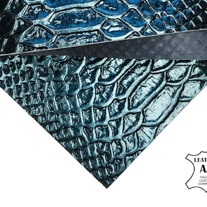 Feuille imprimé serpent bleu sarcelle 6 x 6/8 x 10/12 x 12/12 x 18/18 x 24 morceaux de peau d'agneau véritable/restes texturés serpent brillants/serpent bleu sarcelle, 1021, 0,7 mm