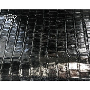 Shiny Black Crocodile // Genuine Black Leather Mixed With Green Hue // Crocodile Print Hides // Pirate Black Crocodile 918 0.8mm / 2 oz