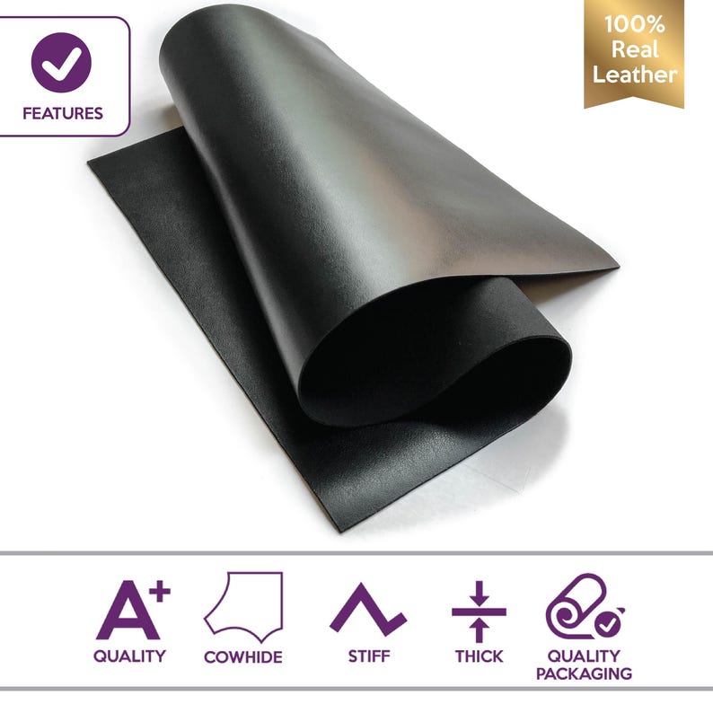Black COW Sheets 6x6 / 8x10 / 12x12 / 12x18 / 18x24 For Crafts // Genuine Calf Leather Scrap 679 // Thick Top Grain Pieces 3oz/1.2mm image 2