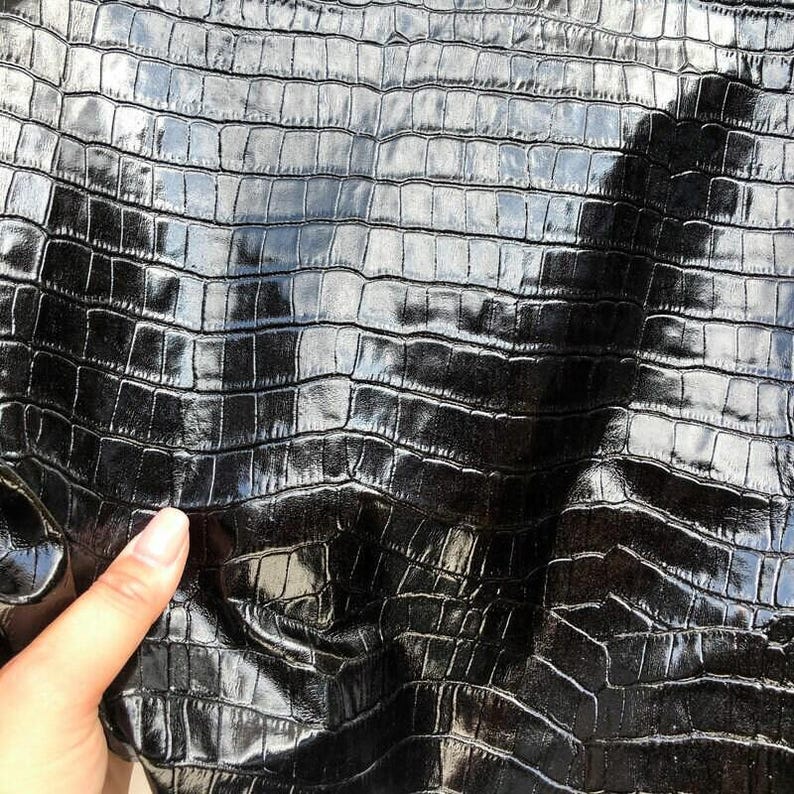 Shiny Black Crocodile // Genuine Black Leather Mixed With Green Hue // Crocodile Print Hides // Pirate Black Crocodile 918 0.8mm / 2 oz image 9
