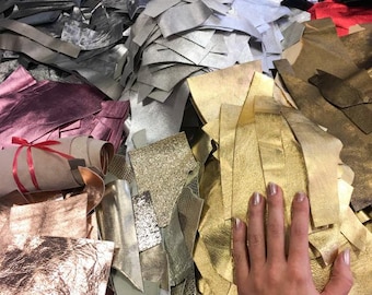Mix de retalhos de couro metalizado, incluindo pele de cordeiro genuína, em tons de prata, ouro rosa, ouro e rosa, perfeitos para brincos.