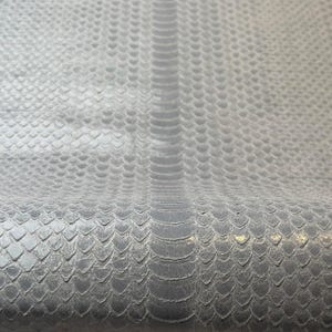 May include: Close-up of a textured, grey snakeskin pattern. The scales are visible and create a repeating design. The material has a slight sheen, and the pattern is consistent across the surface.