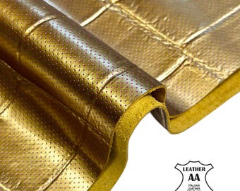 Limited Edition Gold Croco Lambskin Leather Sheet 8x10 / 12x12 / 12x18inches Metallic Embossed Crocodile Pattern 1mm (2.5oz)