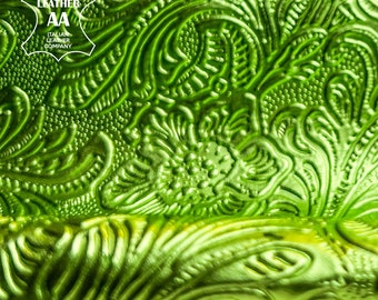 Metallic Green Verde Lambskin 3 - 4 sqft // 0.26 - 0.4m2 Jacquard Embossed Flower Print Hides 0.7-1mm/1.75-2.5oz VERDE FLOWER 1510