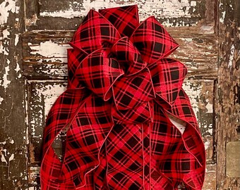 The Jessie Red & BlackTartan Plaid Christmas Tree Topper Bow, Tree trimming, Ribbon topper, XL tree topper, long streamer bow, wreath bow