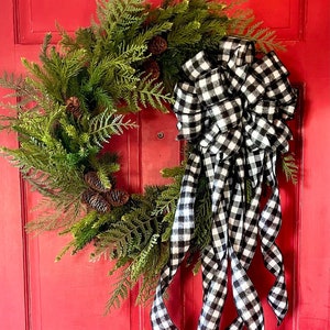The Farmhouse black and white Buffalo check Christmas Tree Topper Bow, Bow for Wreaths, Lantern Bow, Swag Bow, Mailbox Bow.