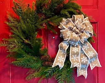 Natural and White farmhouse Bow with white snowflakes for winter, Bow for Wreaths, Lantern Bow, Swag Bow, Mailbox Bow.