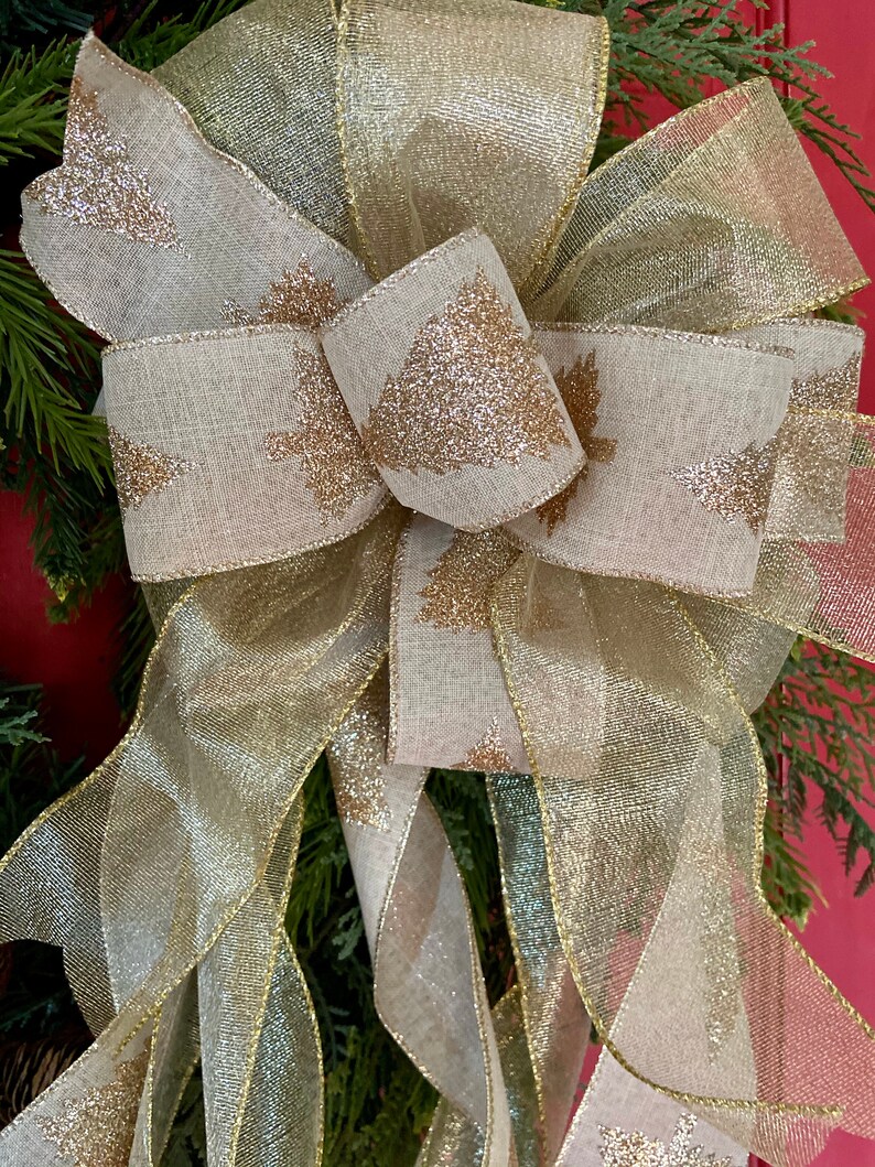 Gold Glitter Christmas Tree Topper Bow with long streamers Etsy