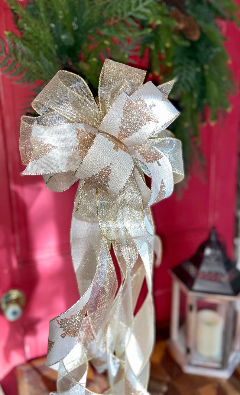 Gold Glitter Christmas Tree Topper Bow with long streamers Etsy
