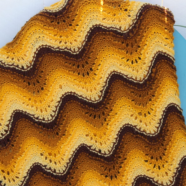 Vintage AFGHAN Boho Chic Crochet Blanket Throw Handmade crocheted knit lapghan Bedding Chevron Hippie fall decor folk Retro Anthro Mustard