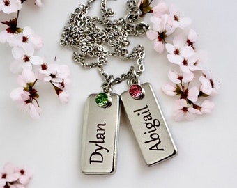 Personalized Necklace, Birthstones, Personalized Jewelry, Stainless Steel, Laser Engraved
