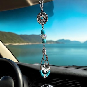 Boho Flower Car Charm: Turquoise Rearview Mirror Accessory