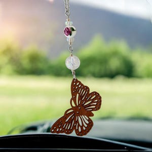 Butterfly Rearview Mirror Charm: Wooden Car Accessory with Rose Bead