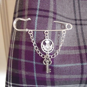 Kilt pin brooch with thistle and Celtic key charm detail, silver plated pin metal alloy charms Mothers Day gift for her Scottish