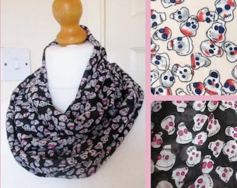 Silky Chiffon Skulls Scarf in Black white pink skulls design infinity or straight Stunning handmade perfect gift for her lightweight Gothic