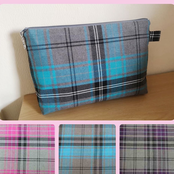 Large Tartan Wash Bag / Toiletries Bag / Zip Pouch Unisex Pink, Purple Turquoise Tartan plaid Machine Washable Fabric - Gift for him or her