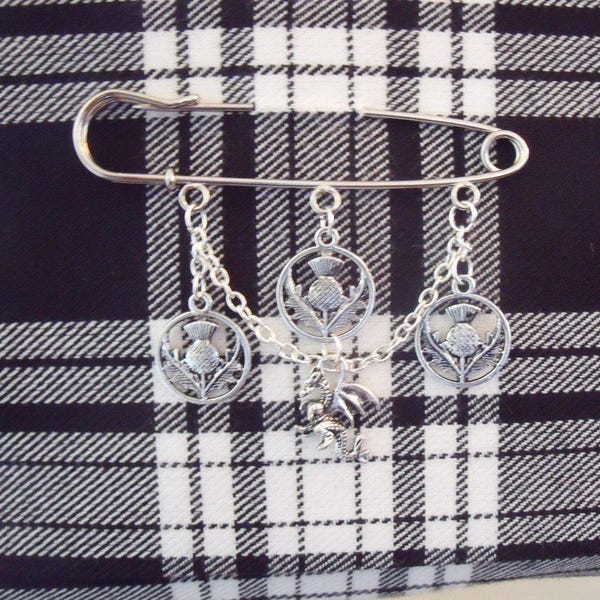 Kilt pin brooch with thistle and dragon charm detail, silver plated pin metal alloy charms Mothers Day gift for her Scottish